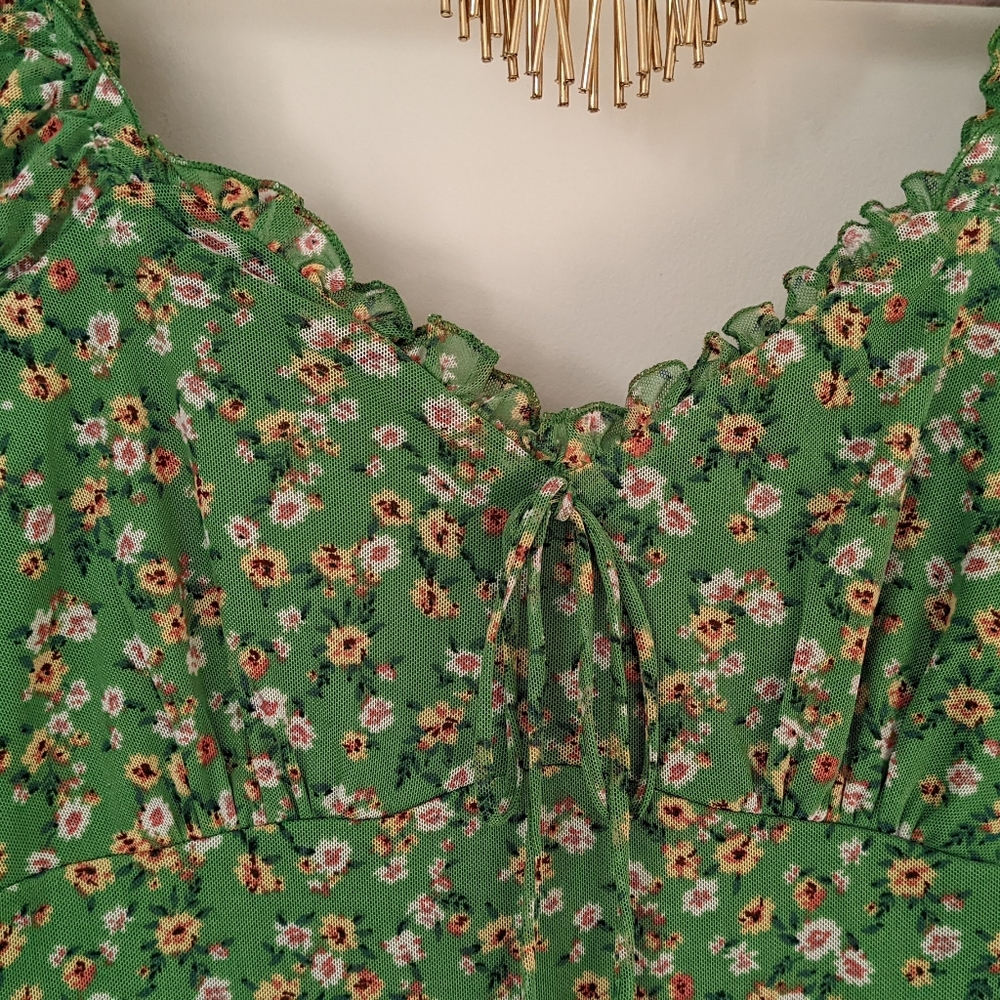 🔴SOLD🔴Vintage French Green Floral Print Mini Dress Size L - Picture 8 of 15